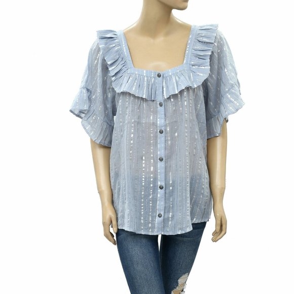 Anthropologie Tops - Anthropologie Leora Shimmer Metallic Stripe Blouse Top Buttondown Flowy L
